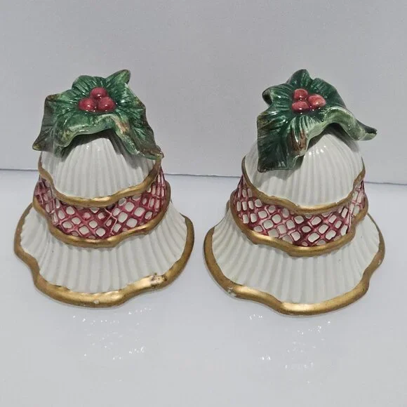 Fitz Floyd Christmas Bells Salt Pepper Shaker Set 3" handpainted vtg Holiday cer - Picture 2 of 7